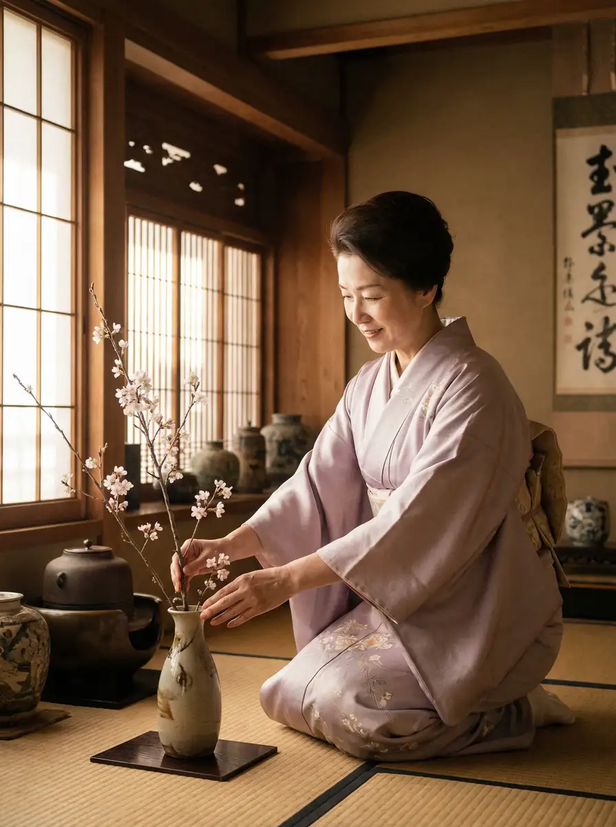 一位优雅的 神马达达兔在线 在和室中插花